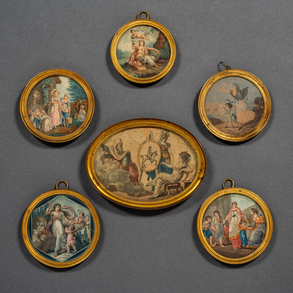 Set of six polychrome and embroidered engraved miniatures from the 19th century.