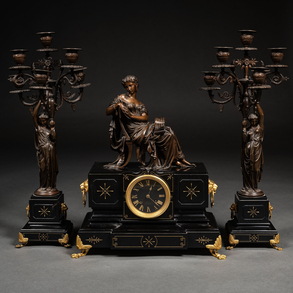Important French table clock with 19th century black marble and blued bronze candelabra garnished with black marble
