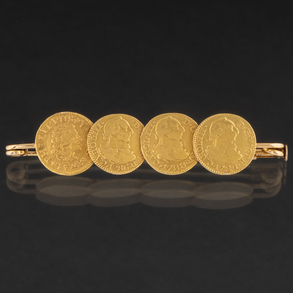 Alfiler compuesto con cuatro monedas en oro amarillo de 18 kt.