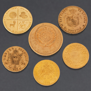 Set of five coins and a commemorative medal in 22kt yellow gold.