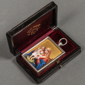 Italian silver reliquary with enamel plaque of the Madonna and Child, late 19th century.