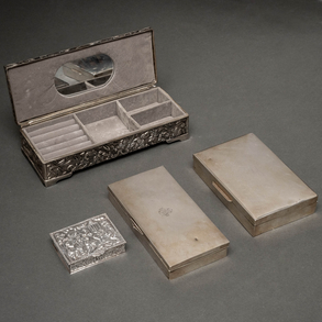 Set of two Spanish silver and punzonda cigar boxes and silver plated metal jewelry box of the twentieth century.