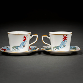 Set of two cups and two plates in porcelain from the Bavaria Schirnding Sirenas combed with coral and ant tableware.