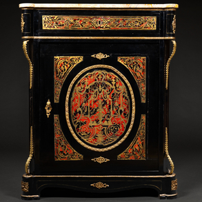 French boulle furniture in black ebonized wood with inlaid brass inlay and bronze applications, S. XIX.