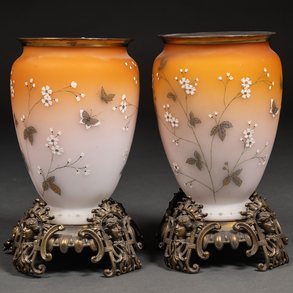 Pair of hand painted opaline modernist vases with bronze mount.