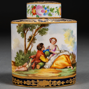 Sévres style porcelain jar in cobalt blue with decoration of a 20th century courtship scene.