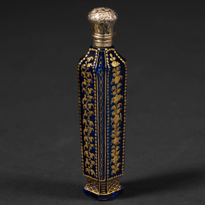 19th century French perfume box in blue glass painted in gilt.