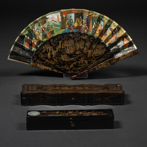 Twentieth century fan with paper mache band decorated in gold with lithographic country.