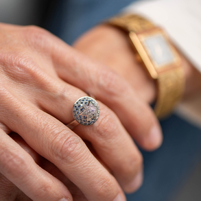 Jean Paul Gautier ring in 18 kt white gold with white and blue diamonds