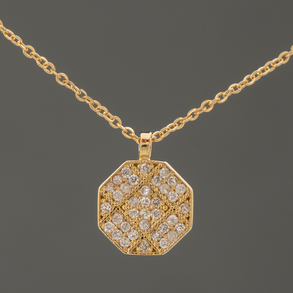 Chain with art deco style pendant in 18kt yellow gold with pendant bordered with rhinestones.