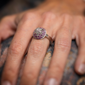 Jean Paul Gautier ring in 18kt white gold with white and pink diamonds.