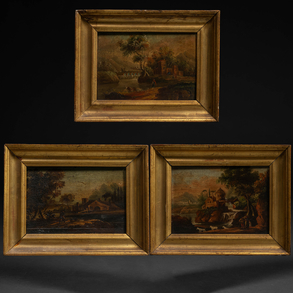 Conjunto de tres cuadros pintados al óleo sobre tabla del siglo XIX