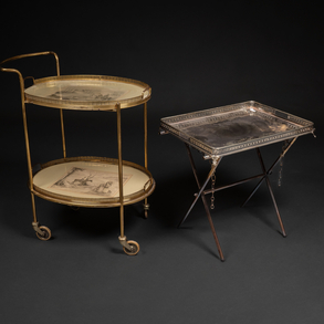 Set of trolley with wheels and tray in silver plated metal of the 20th century