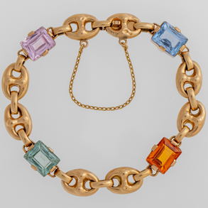 Calabrote link bracelet in 18kt yellow gold and colored crystals.