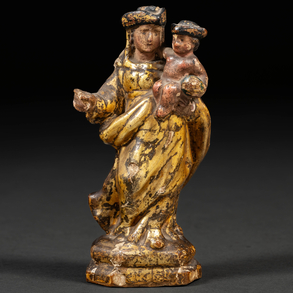 “Virgin with child” Round sculpture in carved and polychrome wood of the eighteenth century.