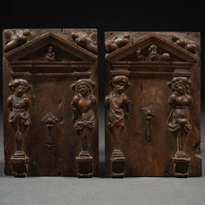 Set of two reliefs in carved wood of the XVI-XVII century.