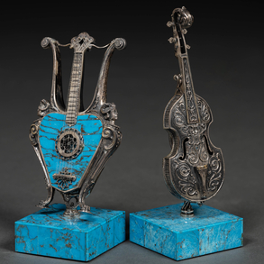 Set of Violin and Guitar in miniature in silver and turquoise of the 20th century.