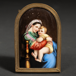 “Virgin with child” 19th century gilt bronze enameled porcelain plaque with gilt bronze architectural frame.