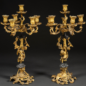 Pair of six-light candelabra Louis XV style gilded and bluing bronze of the nineteenth century.