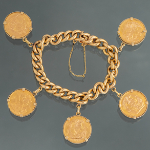 Calabrote bracelet in 18kt yellow gold with five coins as pendants.