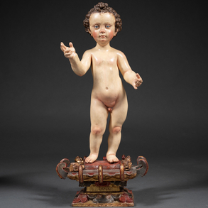 “Triumphant Infant Jesus”. Round sculpture in polychrome lead. Andalusian work S. XVII
