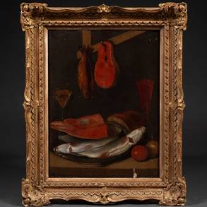 “Still life of salmon, fish and crystal glasses”.