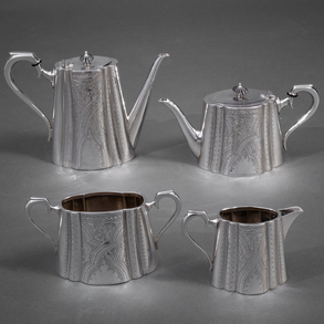 Deykin & Harrison English silver coffee pot, teapot, milk pot and sugar bowl set (1895-1935).