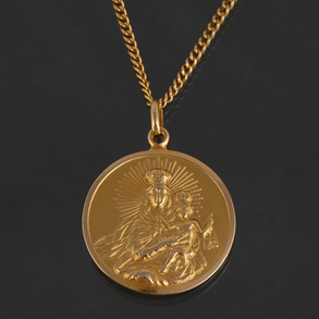 18kt yellow gold chain with medal of the Virgin with child and God the Father.
