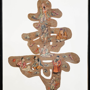Fragment of Chinese hand-embroidered fabric in silk threads from the 20th century.