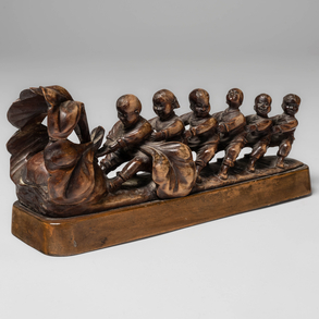 “Children pulling fruit” Carved wood sculpture from the republican period of the 20th century.