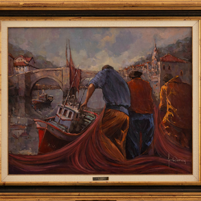 ‘Fishermen with nets in Ondarroa’.