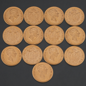 Set of thirteen gold coins of 25 Alfonso XIII pesetas from 1890.