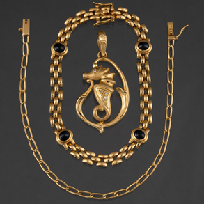 Set of two bracelets and a pendant in the shape of a seahorse.