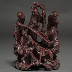 “Elderly musicians” 20th century Chinese carved wood sculpture.