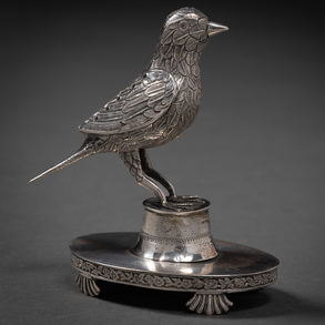 19th century embossed silver bird-shaped toothpick holder.