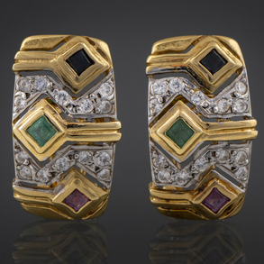 Pareja de pendientes en oro amarillo de 18kt con rubíes, esmeraldas, zafiros y brillantes.