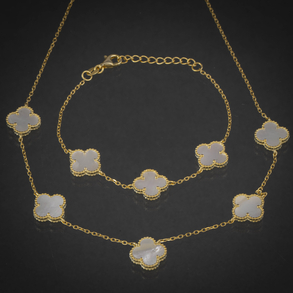 Conjunto de pulsera y collar en plata dorada estilo Van cleef y nácar.