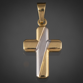Colgante en forma de cruz latina en oro amarillo y oro blanco de 18 kt.