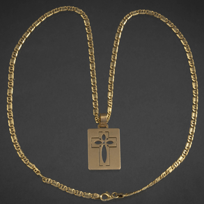 Cadena de eslabones con medalla de la cruz en oro amarillo de 18kt y brillantes.