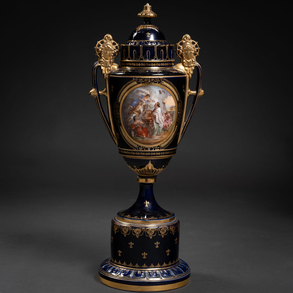 Jarrón en porcelana Austriaca de Viena del siglo XIX en azul cobalto.