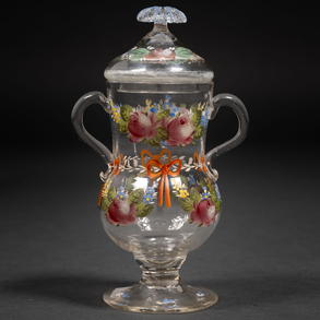 Compotera de cristal traslúcido esmaltado con flores en cristal de la Real Fábrica de la Granja de finales del siglo XVIII-XIX