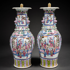 Pareja de jarrones en porcelana china de cantón de la familia rosa del siglo XIX.