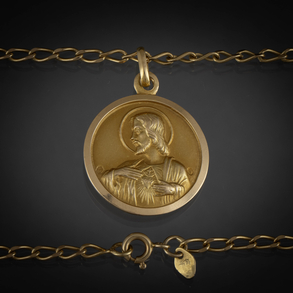 Cadena y medalla de la virgen con el niño y Dios padre en oro amarillo de 18 kt.