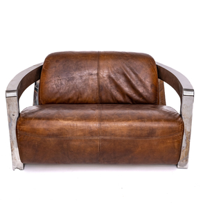 Sofá en acero cromado tapizado en piel color marrón del siglo XX