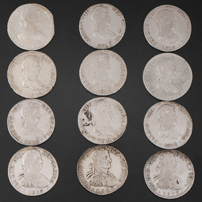 Conjunto de doce monedas de Reales de a Ocho de Fernando VII
