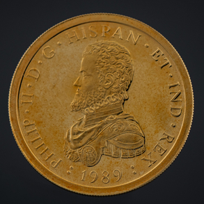 Moneda conmemorativa de Felipe II de cincuenta ECU, AU de 1989.