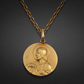 Cadena en oro amarillo de 18kt con medalla de la Virgen y Dios Padre.