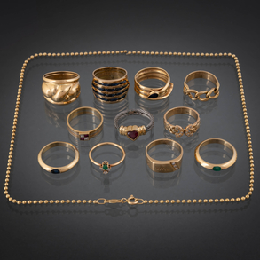 Conjunto de diez anillos en oro amarillo y oro blanco de 18 kt y cadena de bolas en oro amarillo de 18 kt.