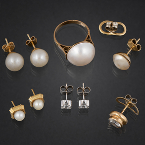 Miscelánea de piezas compuesto por anillo y pendientes con perla en oro amarillo de 18 kt.