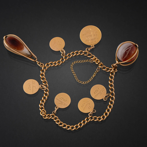 Bonita pulsera de eslabones con abalorios de ágata y seis medallas de oro amarillo de 18 kt